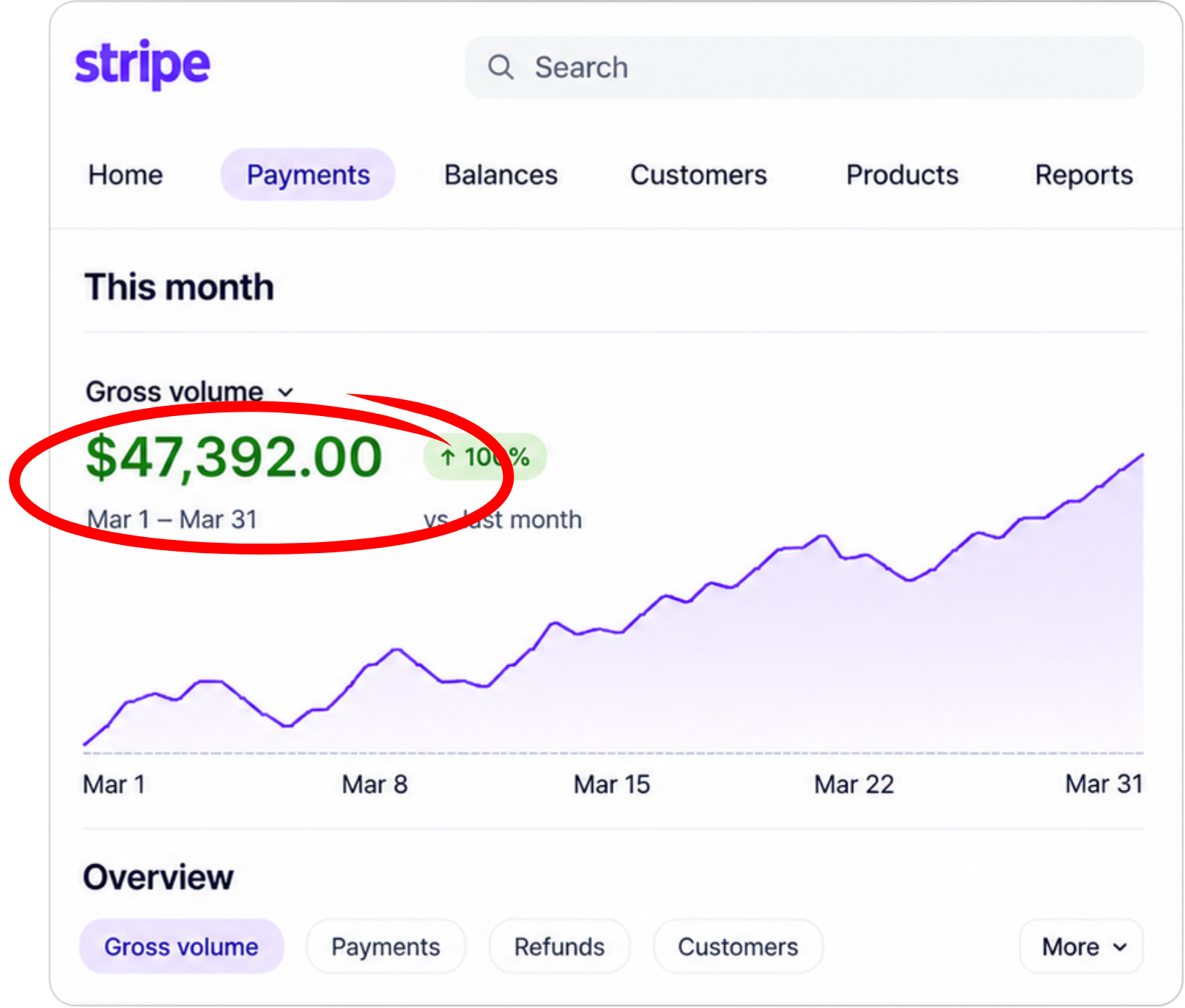 Stripe dashboard showing $47,392 gross volume in March, up 100% vs last month