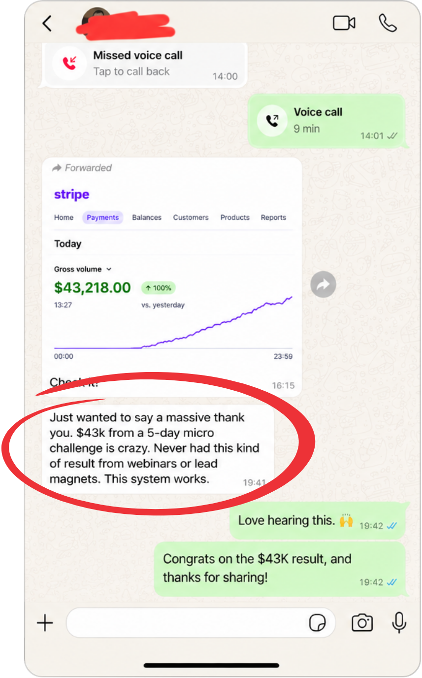 WhatsApp client testimonial: $43k from a 5-day Micro Challenge™, never had this result from webinars or lead magnets