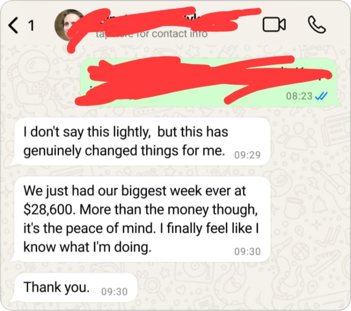 WhatsApp testimonial: biggest week ever at $28,600, more than the money it's the peace of mind finally knowing what I'm doing
