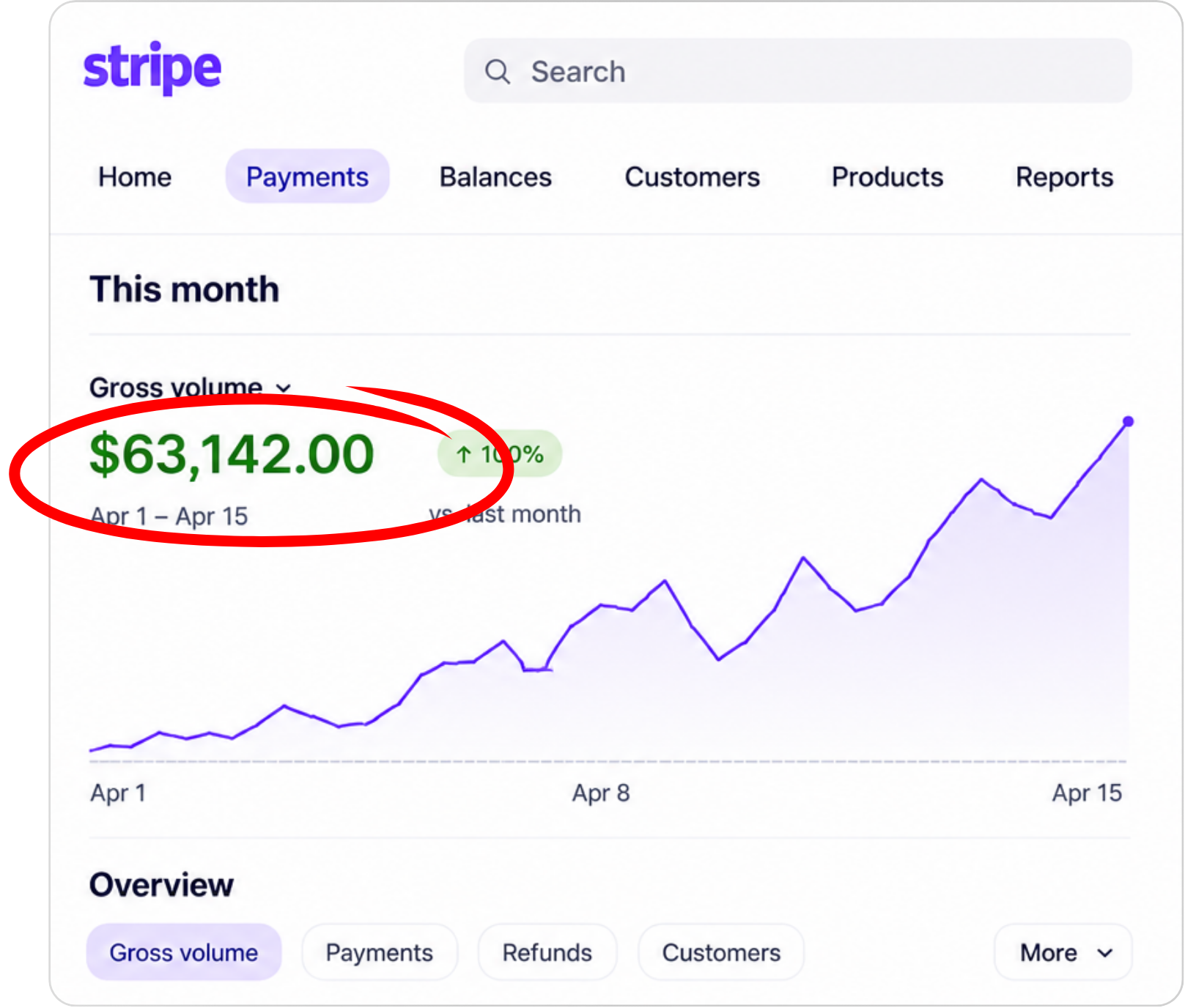 Stripe dashboard showing $63,142 gross volume Apr 1 to Apr 15, up 100% vs last month